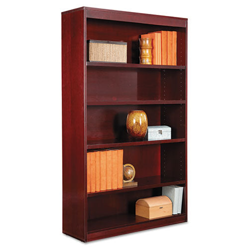 Square Corner Wood Veneer Bookcase, Five-Shelf, 35.63w x 11.81d x 60h, Mahogany-(ALEBCS56036MY)