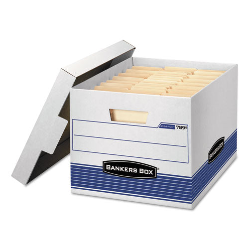 STOR/FILE Medium-Duty Letter/Legal Storage Boxes, Letter/Legal Files, 12.75" x 16.5" x 10.5", White/Blue, 4/Carton-(FEL0078907)