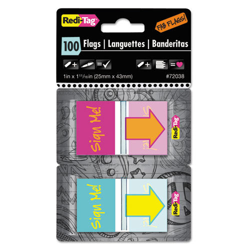 Pop-Up Fab Page Flags w/Dispenser, "Sign Me!", Red/Orange, Teal/Yellow, 100/Pack-(RTG72038)