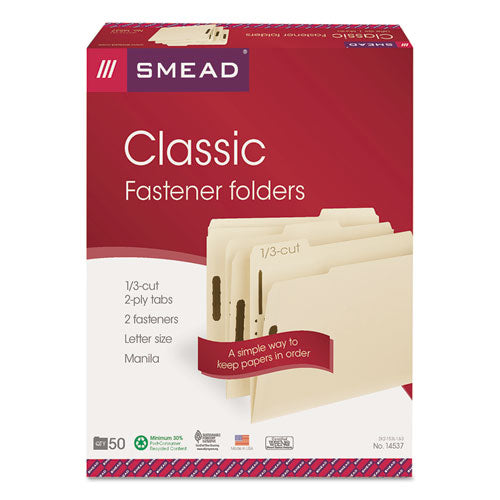 Top Tab Fastener Folders, 1/3-Cut Tabs: Assorted, 0.75" Expansion, 2 Fasteners, Letter Size, Manila Exterior, 50/Box-(SMD14537)