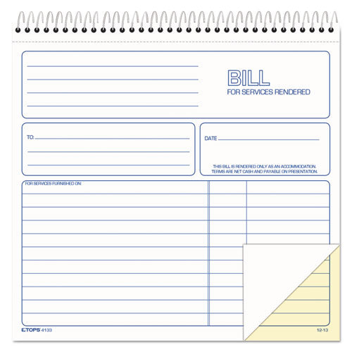 Bill for Services Rendered Book, Two-Part Carbonless, 8.5 x 7.75, 50 Forms Total-(TOP4133)