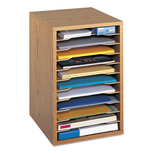 Wood Vertical Desktop Sorter, 11 Compartments, 10.63 x 11.88 x 16, Medium Oak-(SAF9419MO)