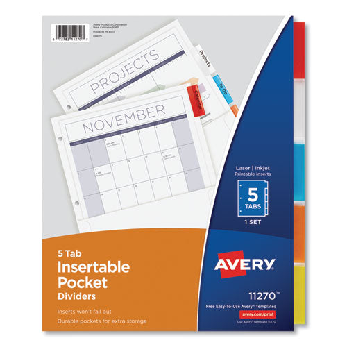 Insertable Dividers w/Single Pockets, 5-Tab, 11.25 x 9.13, White, 1 Set-(AVE11270)