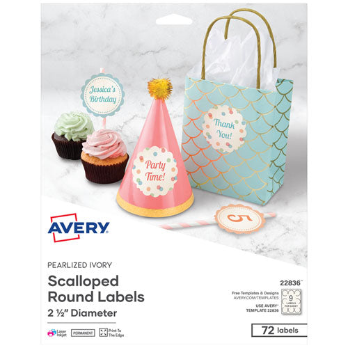 Print-to-the Edge Labels w/Scalloped Edge, 2 1/2" dia, Pearl Ivory, 72/PK-(AVE22836)