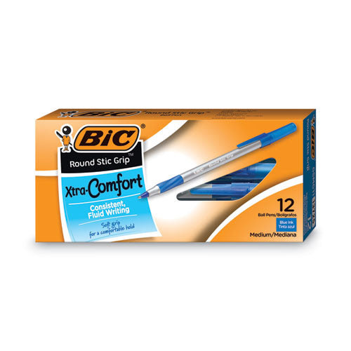 Round Stic Grip Xtra Comfort Ballpoint Pen, Easy-Glide, Stick, Medium 1.2 mm, Blue Ink, Gray/Blue Barrel, Dozen-(BICGSMG11BE)