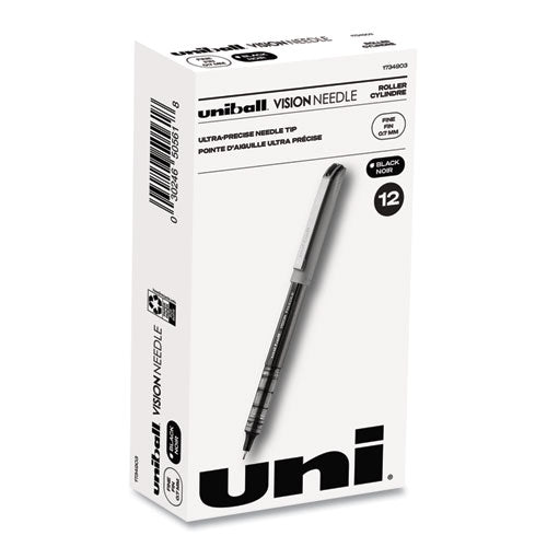 VISION Needle Roller Ball Pen, Stick, Fine 0.7 mm, Black Ink, Silver Barrel, Dozen-(UBC1734903)