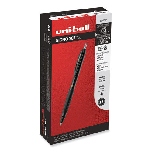 307 Gel Pen, Retractable, Micro 0.5 mm, Black Ink, Black Barrel, Dozen-(UBC1947087)