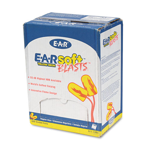 E-A-Rsoft Blasts Earplugs, Corded, Foam, Yellow Neon, 200 Pairs/Box-(MMM3111252)