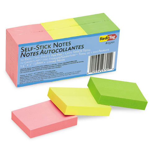 Self-Stick Notes, 1.5" x 2", Assorted Neon Colors, 100 Sheets/Pad, 12 Pads/Pack-(RTG23701)