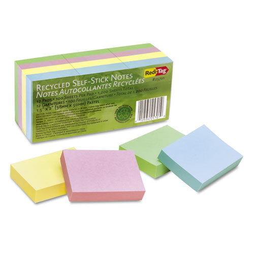 100% Recycled Self-Stick Notes, 1.5" x 2", Assorted Pastel Colors, 100 Sheets/Pad, 12 Pads/Pack-(RTG25701)