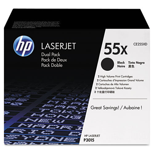 HP 55X, (CE255X-D) 2-Pack High-Yield Black Original LaserJet Toner Cartridges-(HEWCE255XD)