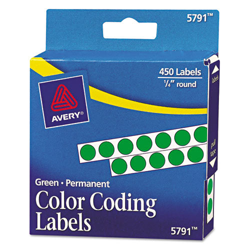 Handwrite-Only Permanent Self-Adhesive Round Color-Coding Labels in Dispensers, 0.25" dia, Green, 450/Roll, (5791)-(AVE05791)