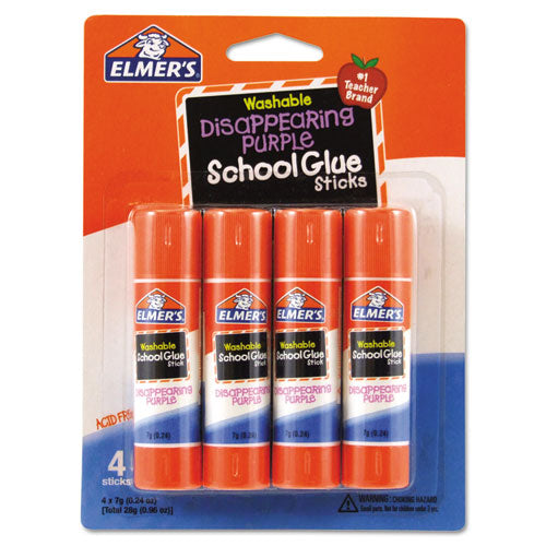 Washable School Glue Sticks, 0.24 oz, Applies Purple, Dries Clear, 4/Pack-(EPIE543)