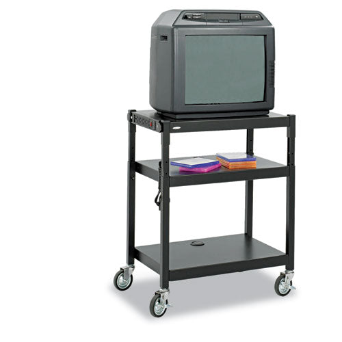 Adjustable-Height Steel AV Cart, Metal, 3 Shelves, (5) AC Outlets, 120 lb Capacity, 27.25" x 18.25" x 36.5", Black-(SAF8932BL)