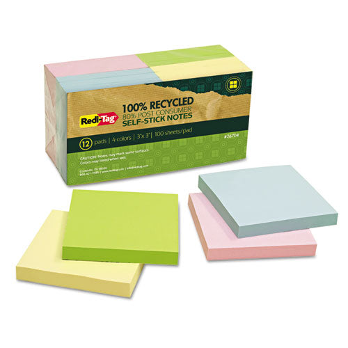 100% Recycled Self-Stick Notes, 3" x 3", Assorted Pastel Colors, 100 Sheets/Pad, 12 Pads/Pack-(RTG26704)