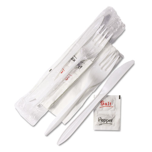 Wrapped Cutlery Kit, 6.25", Fork/Knife/Napkin/Salt/Pepper, Polypropylene, White, 500/Carton-(GEN5KITMW)