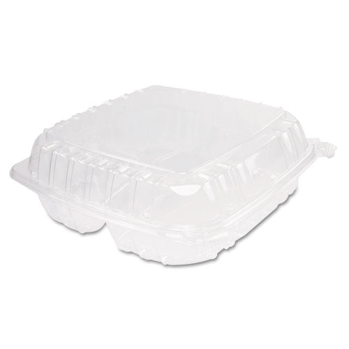 ClearSeal Hinged-Lid Plastic Containers, 3-Compartment, 9.4 x 8.9 x 3, Plastic, 100/Bag, 2 Bags/Carton-(DCCC95PST3)