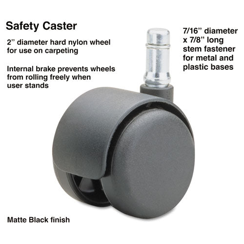 Safety Casters, Standard Neck, Grip Ring Type B Stem, 2" Hard Nylon Wheel, Matte Black, 5/Set-(MAS64234)