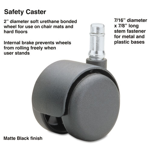 Safety Casters, Standard Neck, Grip Ring Type B Stem, 2" Soft Polyurethane Wheel, Matte Black, 5/Set-(MAS64334)