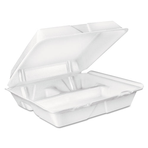 Foam Hinged Lid Container, 3-Compartment, 8 oz, 9 x 9.4 x 3, White, 200/Carton-(DCC90HT3R)