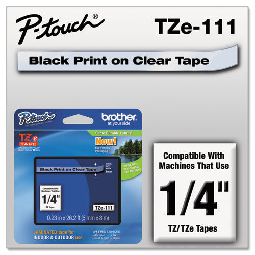 TZe Standard Adhesive Laminated Labeling Tape, 0.23" x 26.2 ft, Black on Clear-(BRTTZE111)