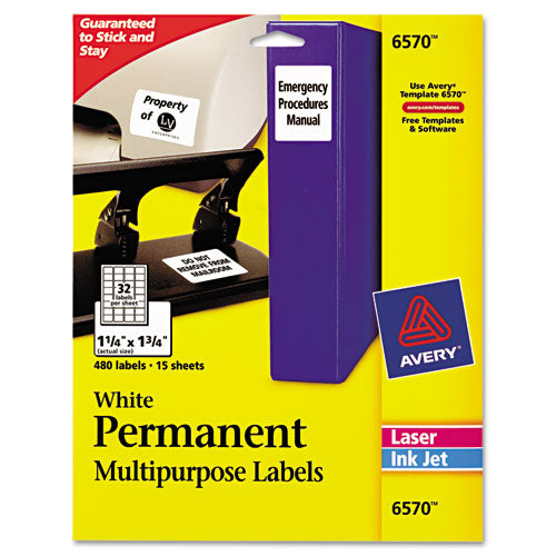 Permanent ID Labels w/ Sure Feed Technology, Inkjet/Laser Printers, 1.25 x 1.75, White, 32/Sheet, 15 Sheets/Pack-(AVE6570)