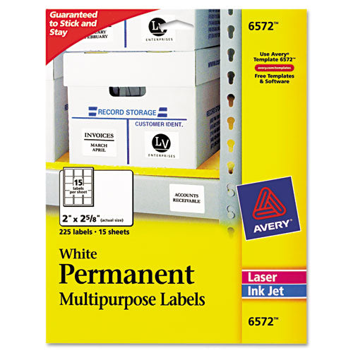 Permanent ID Labels w/ Sure Feed Technology, Inkjet/Laser Printers, 2 x 2.63, White, 15/Sheet, 15 Sheets/Pack-(AVE6572)