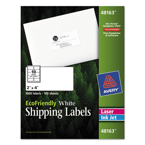 EcoFriendly Mailing Labels, Inkjet/Laser Printers, 2 x 4, White, 10/Sheet, 100 Sheets/Pack-(AVE48163)