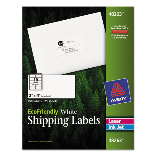 EcoFriendly Mailing Labels, Inkjet/Laser Printers, 2 x 4, White, 10/Sheet, 25 Sheets/Pack-(AVE48263)