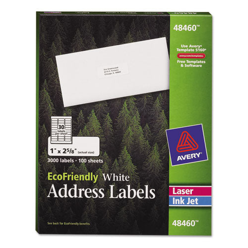 EcoFriendly Mailing Labels, Inkjet/Laser Printers, 1 x 2.63, White, 30/Sheet, 100 Sheets/Pack-(AVE48460)