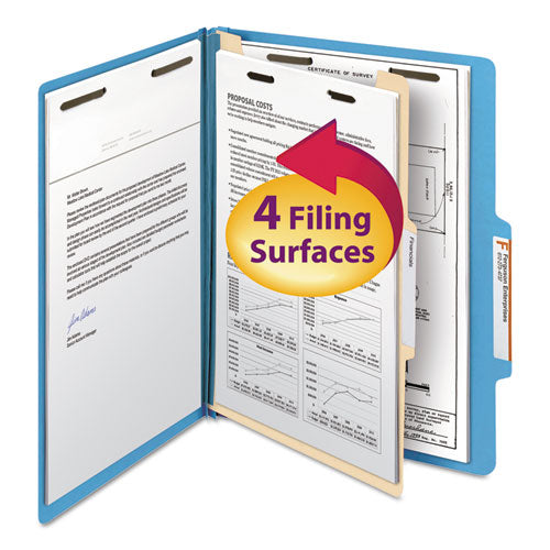 Top Tab Classification Folders, Four SafeSHIELD Fasteners, 2" Expansion, 1 Divider, Letter Size, Blue Exterior, 10/Box-(SMD13701)
