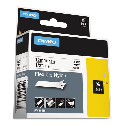 Rhino Flexible Nylon Industrial Label Tape, 0.5" x 11.5 ft, White/Black Print-(DYM18488)