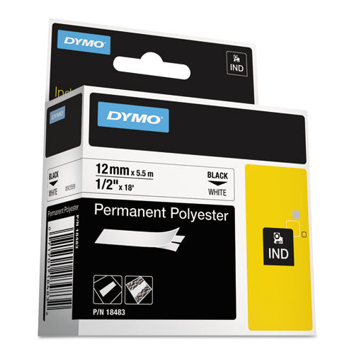 Rhino Permanent Poly Industrial Label Tape, 0.5" x 18 ft, White/Black Print-(DYM18483)