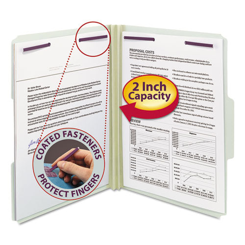 Recycled Pressboard Fastener Folders, 1/3-Cut Tabs, Two SafeSHIELD Fasteners, 2" Expansion, Letter Size, Gray-Green, 25/Box-(SMD14934)