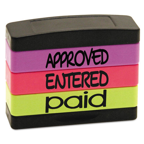 Interlocking Stack Stamp, APPROVED, ENTERED, PAID, 1.81" x 0.63", Assorted Fluorescent Ink-(USS8802)