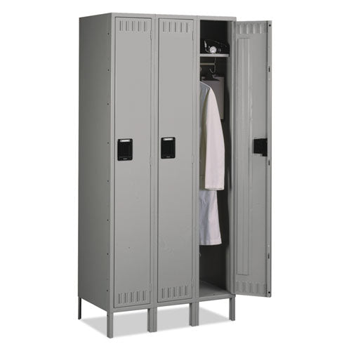 Single-Tier Locker with Legs, Three Lockers with Hat Shelves and Coat Rods, 36w x 18d x 78h, Medium Gray-(TNNSTS1218723MG)