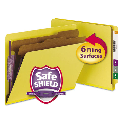 End Tab Pressboard Classification Folders, Six SafeSHIELD Fasteners, 2" Expansion, 2 Dividers, Letter Size, Yellow, 10/Box-(SMD26789)