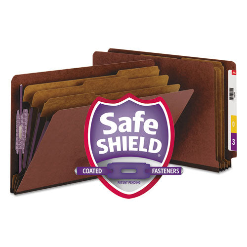 End Tab Pressboard Classification Folders, Eight SafeSHIELD Fasteners, 3" Expansion, 3 Dividers, Legal Size, Red, 10/Box-(SMD29865)