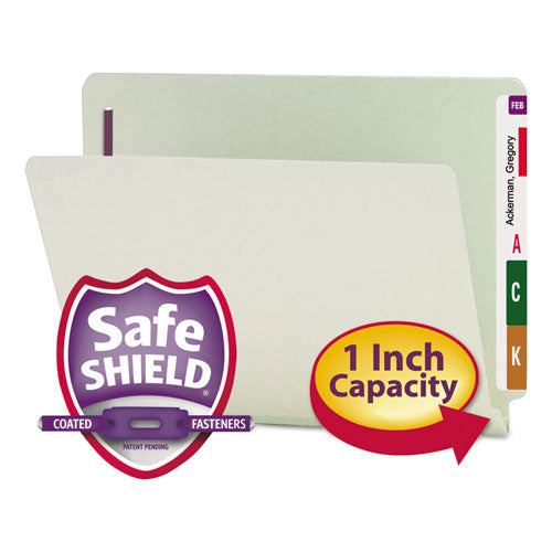 End Tab Pressboard Classification Folders, Two SafeSHIELD Coated Fasteners, 1" Expansion, Letter Size, Gray-Green, 25/Box-(SMD34705)