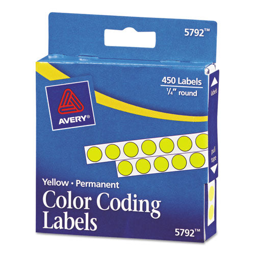 Handwrite-Only Permanent Self-Adhesive Round Color-Coding Labels in Dispensers, 0.25" dia, Yellow, 450/Roll, (5792)-(AVE05792)