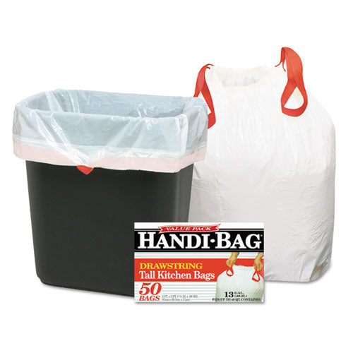 Drawstring Kitchen Bags, 13 gal, 0.6 mil, 24" x 27.38", White, 50/Box-(WBIHAB6DK50)