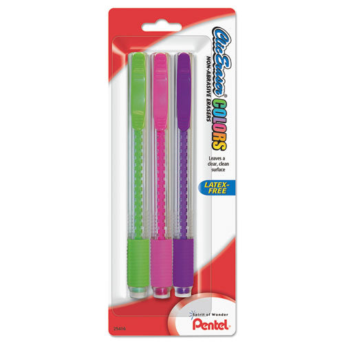 Clic Eraser COLORS Eraser, For Pencil Marks, White Eraser, Assorted Barrel Colors, 3/Pack-(PENZE23BP3M)