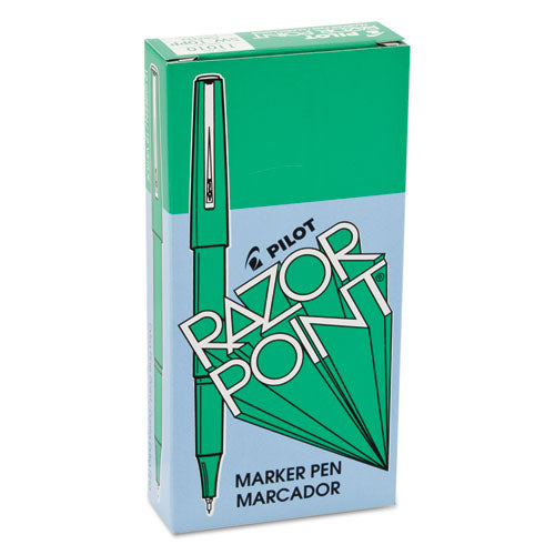 Razor Point Fine Line Porous Point Pen, Stick, Extra-Fine 0.3 mm, Green Ink, Green Barrel, Dozen-(PIL11010)