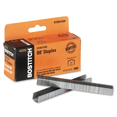 B8 PowerCrown Premium Staples, 0.38" Leg, 0.5" Crown, Steel, 5,000/Box-(BOSSTCR211538)