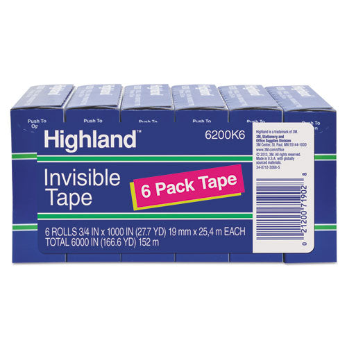 Invisible Permanent Mending Tape, 1" Core, 0.75" x 83.33 ft, Clear, 6/Pack-(MMM6200K6)