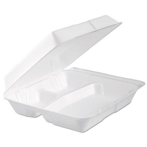 Foam Hinged Lid Container, 3-Compartment, 9.3 x 9.5 x 3, White, 100/Bag, 2 Bag/Carton-(DCC95HTPF3R)