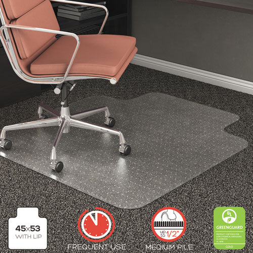 RollaMat Frequent Use Chair Mat, Med Pile Carpet, Flat, 45 x 53, Wide Lipped, Clear-(DEFCM15233)