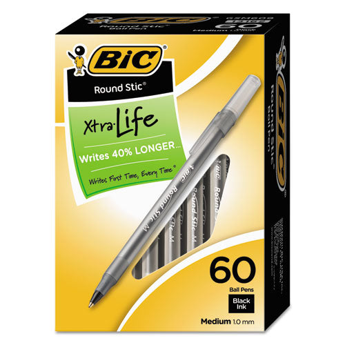 Round Stic Xtra Life Ballpoint Pen Value Pack, Stick, Medium 1 mm, Black Ink, Smoke Barrel, 60/Box-(BICGSM609BK)