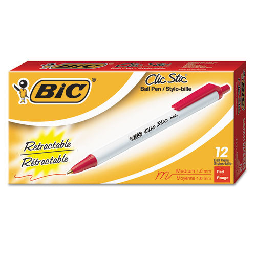 Clic Stic Ballpoint Pen, Retractable, Medium 1 mm, Red Ink, White Barrel, Dozen-(BICCSM11RD)