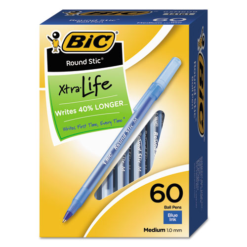 Round Stic Xtra Life Ballpoint Pen Value Pack, Stick, Medium 1 mm, Blue Ink, Translucent Blue Barrel, 60/Box-(BICGSM609BE)